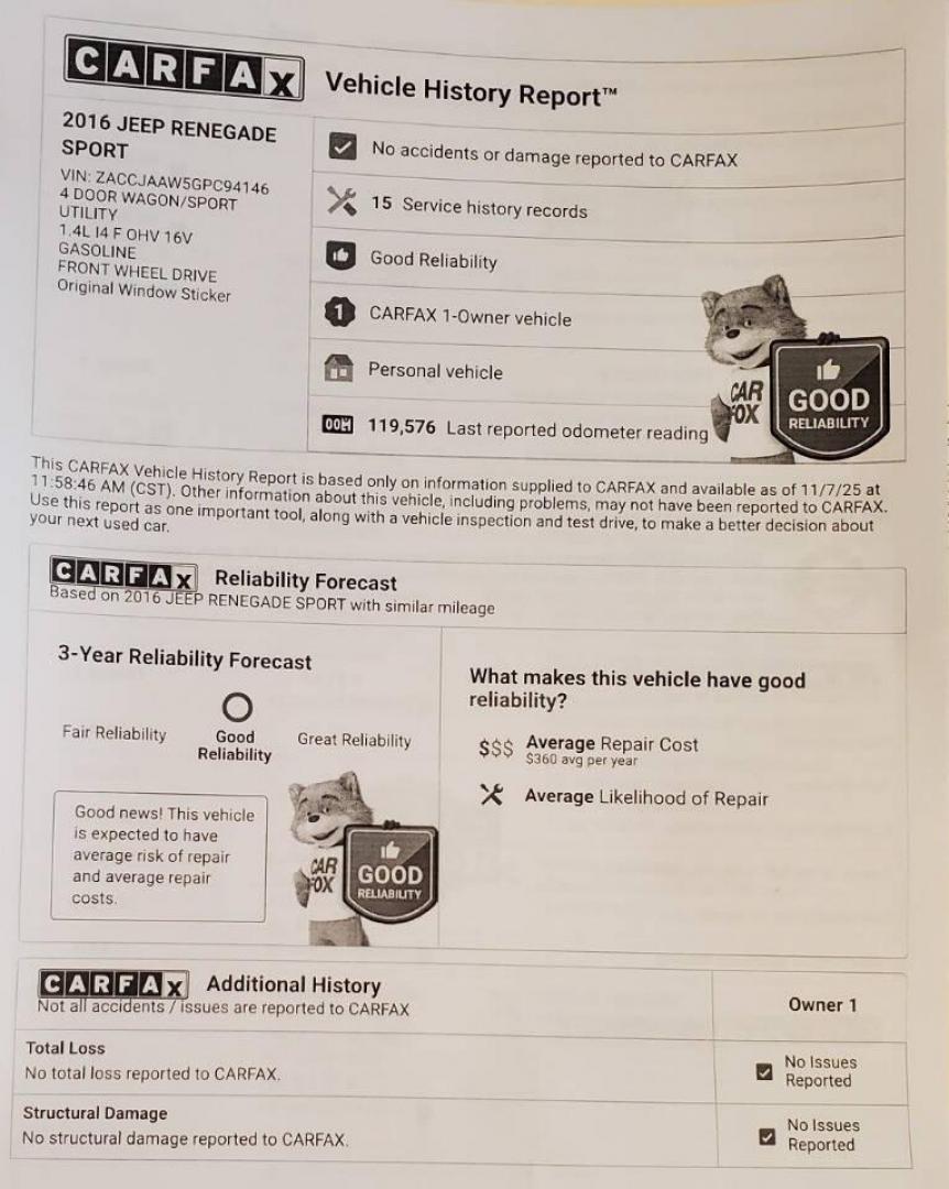 2016 Orange Jeep Renegade (ZACCJAAW5GP) with an 1.4L I4 Turbocharger 1.4L I4 engine, located at 4845 Woodbury Pike, Roaring Springs, PA, (814) 317-5008, (814) 317-5008, 40.250935, -78.366959 - 2016 Jeep Renegade Sport FWD 1.4L Manual 6-Speed 119,691 miles Accident free, one owner vehicle, CarFax report shown in pics. Southern vehicle, like new tires, new inspection. This vehicle comes with a 3 month/3000-mile power train warranty with the option to upgrade. If you would like more info on - Photo#20
