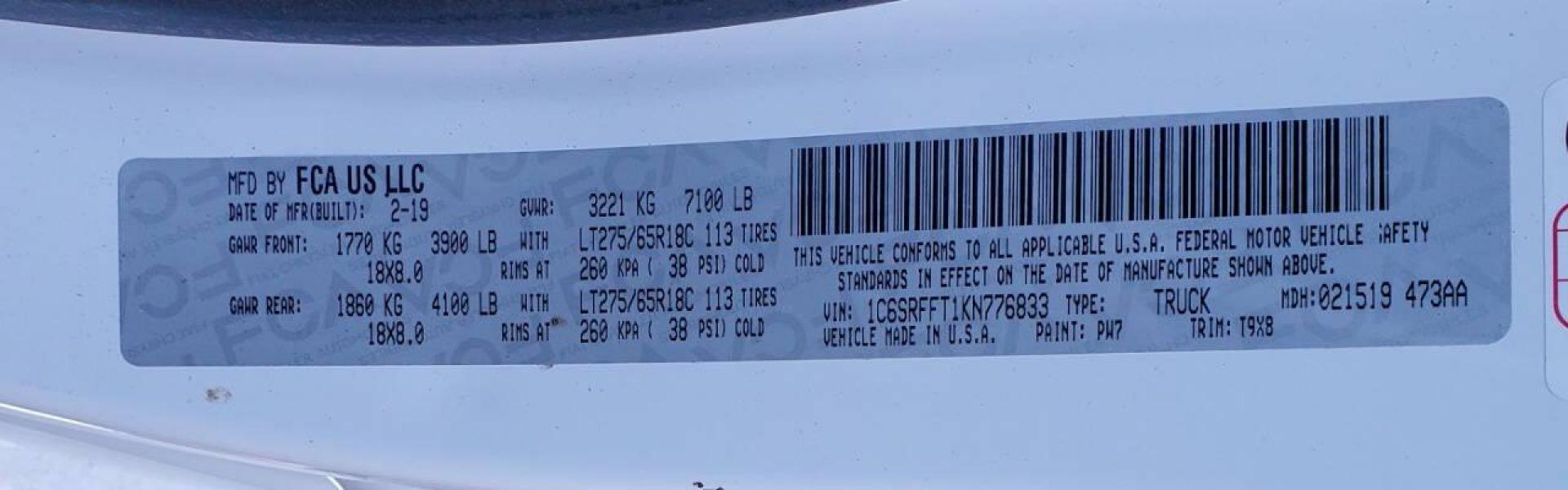 2019 White RAM 1500 (1C6SRFFT1KN) with an HEMI 5.7L V8 395hp 410ft. lbs. 5.7L V8 engine, located at 4845 Woodbury Pike, Roaring Springs, PA, (814) 317-5008, (814) 317-5008, 40.250935, -78.366959 - Photo#8