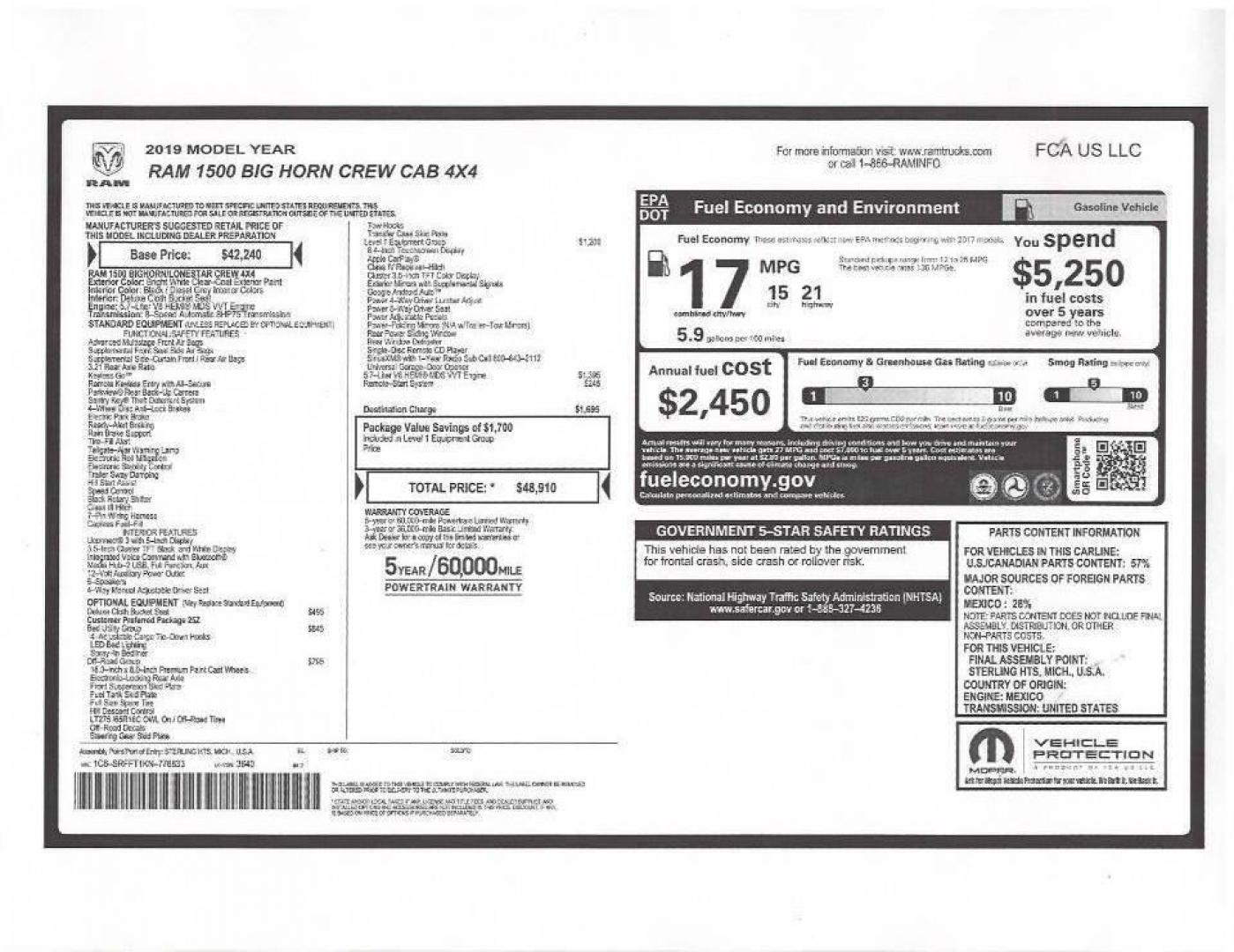 2019 White RAM 1500 (1C6SRFFT1KN) with an HEMI 5.7L V8 395hp 410ft. lbs. 5.7L V8 engine, located at 4845 Woodbury Pike, Roaring Springs, PA, (814) 317-5008, (814) 317-5008, 40.250935, -78.366959 - Photo#19