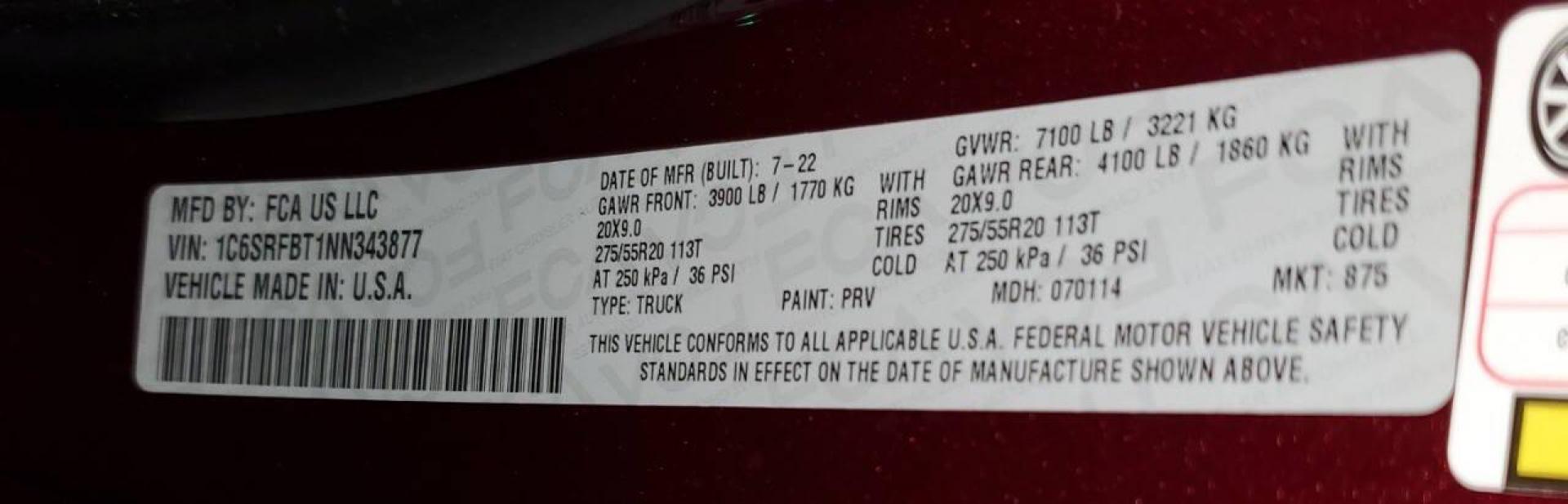 2022 Burgundy RAM 1500 (1C6SRFBT1NN) with an HEMI 5.7L V8 395hp 410ft. lbs. 5.7L V8 engine, located at 4845 Woodbury Pike, Roaring Springs, PA, (814) 317-5008, (814) 317-5008, 40.250935, -78.366959 - Photo#8