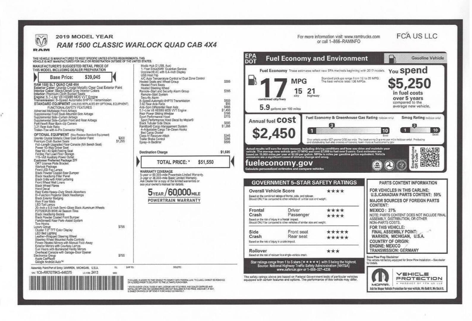 2019 Pewter RAM 1500 Classic (1C6RR7GT9KS) with an HEMI 5.7L V8 395hp 410ft. lbs. 5.7L V8 engine, located at 4845 Woodbury Pike, Roaring Springs, PA, (814) 317-5008, (814) 317-5008, 40.250935, -78.366959 - 2019 RAM 1500 Classic Warlock Quad Cab Hemi 4x4 5.7L V8 Automatic 8-speed 95k Miles Absolutely beautiful truck!! Heated Seats, Rear Back-up Camera, RAM Boxes, Bedliner, Power Locking Removable Tailgate, A/c, Cruise Control, Keyless Entry, Uconnect, Bluetooth, Sirius XM, LED Fog Lights New Inspection - Photo#21