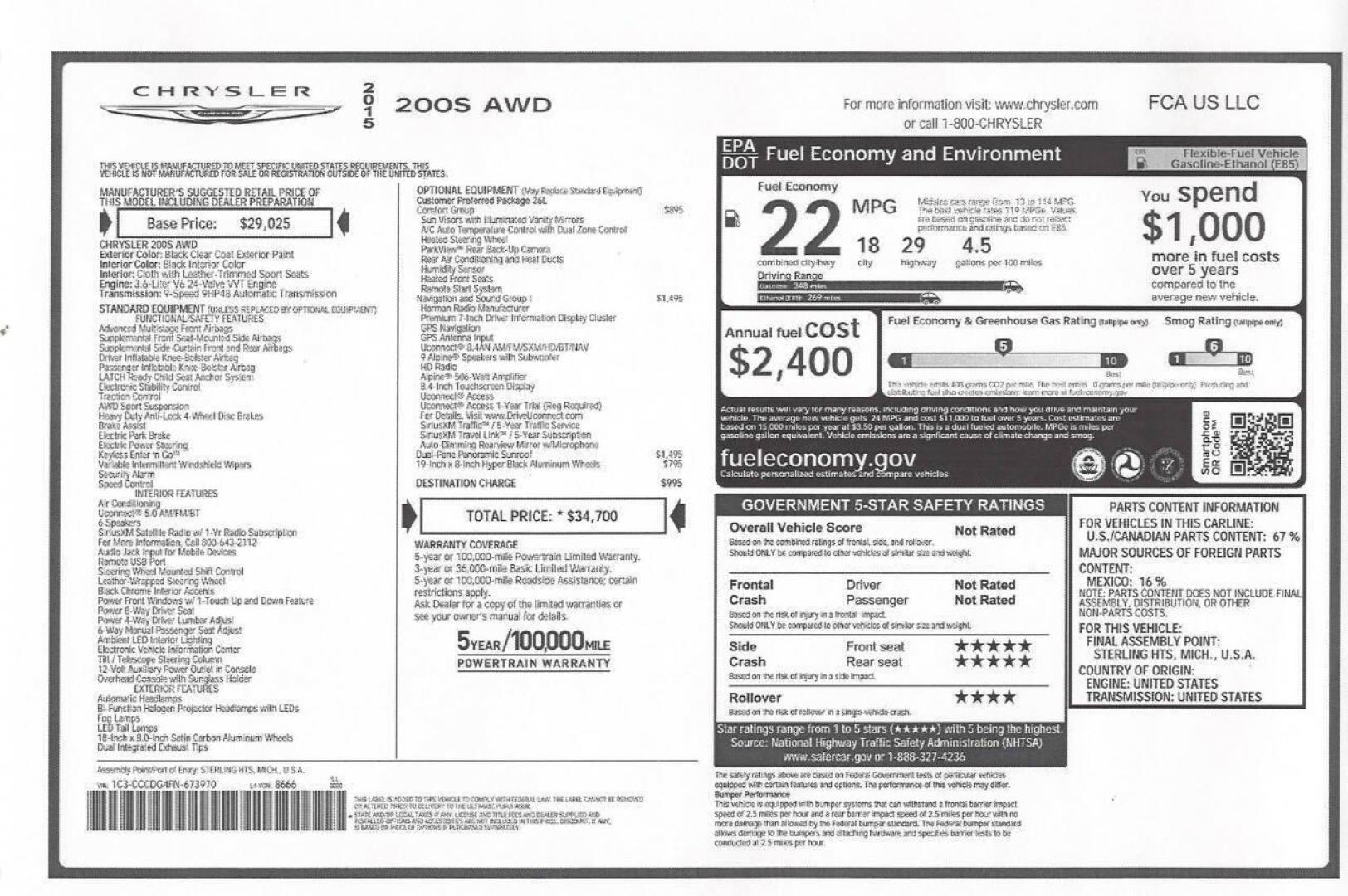 2015 Black Chrysler 200 (1C3CCCDG4FN) with an 3.6L V6 295hp 262ft. lbs. 3.6L V6 engine, located at 4845 Woodbury Pike, Roaring Springs, PA, (814) 317-5008, (814) 317-5008, 40.250935, -78.366959 - Photo#18