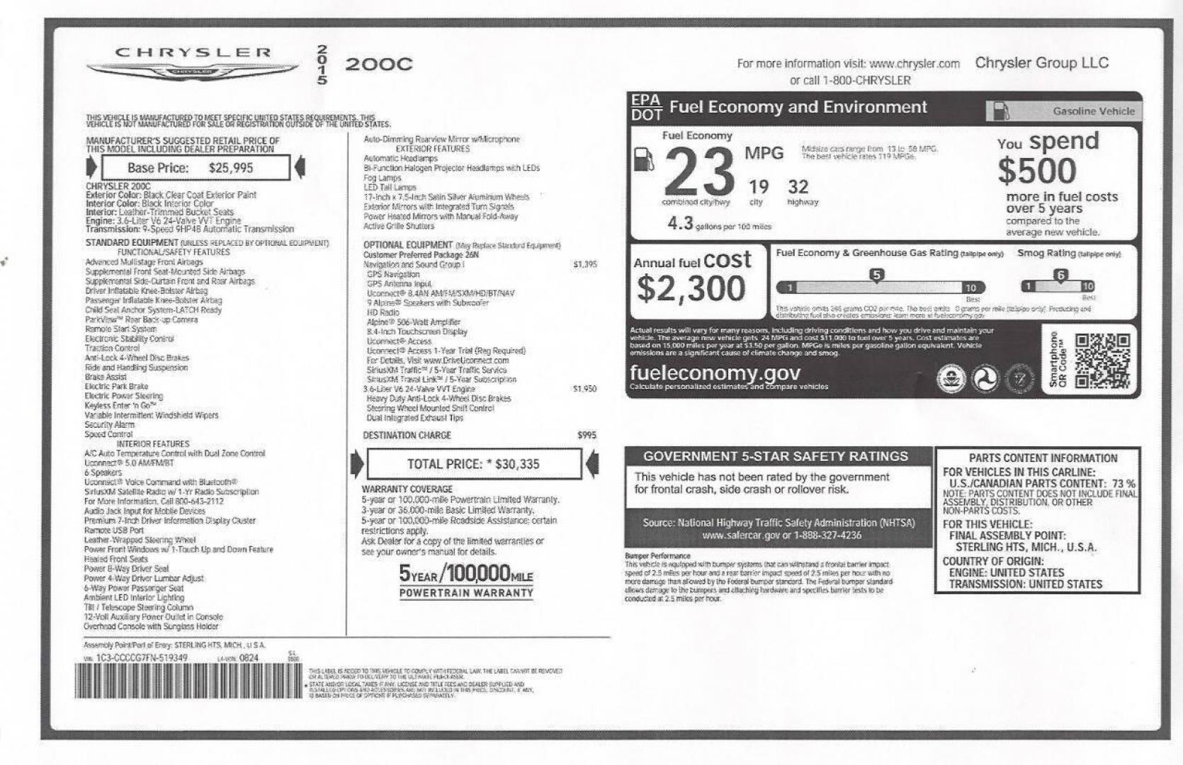 2015 Black Chrysler 200 (1C3CCCCG7FN) with an 3.6L V6 295hp 262ft. lbs. 3.6L V6 engine, located at 4845 Woodbury Pike, Roaring Springs, PA, (814) 317-5008, (814) 317-5008, 40.250935, -78.366959 - 2015 Chrysler 200C 3.6L V6 9-speed Automatic FWD 127K Miles Remote Start, Heated Seats, Rear Back-up Camera, Leather, A/c, Cruise Control, Power Windows/Locks, Bluetooth, Sirius XM, Tinted Glass. Vehicle will come with New Inspection and a 3-month/3,000-mile warranty (with the option to upgrade). If - Photo#18