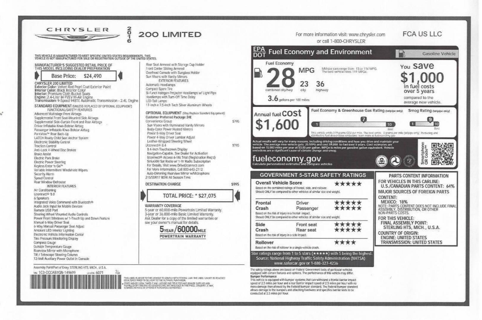 2016 Burgundy Chrysler 200 (1C3CCCAB1GN) with an 2.4L I4 184hp 173ft. lbs. 2.4L I4 engine, located at 4845 Woodbury Pike, Roaring Springs, PA, (814) 317-5008, (814) 317-5008, 40.250935, -78.366959 - 2016 Chrysler 200 Limited FWD 2.4L I4 9-speed Automatic 115k Miles Sirius XM, Bluetooth, Rear Back-up Camera, A/c, Power Windows and Locks, Cruise Control Selling cheaply because it has an R-title due to previous fender damage. That has been repaired. Vehicle will come with new inspection and a 3-mo - Photo#19